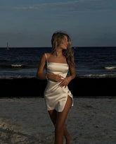 Short White Satin Homecoming Party Dress Sleeveless Zippered Bodice
